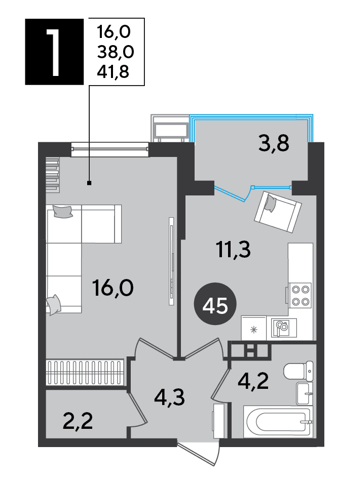 1-к, 41.8 м² · Парк Победы-2