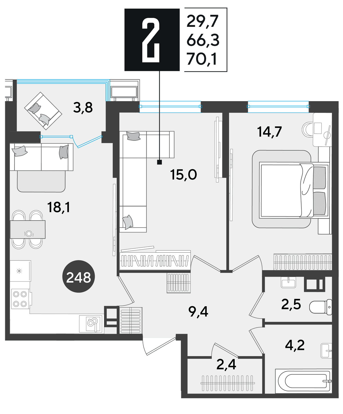 2-к, 70.1 м² · Парк Победы-2