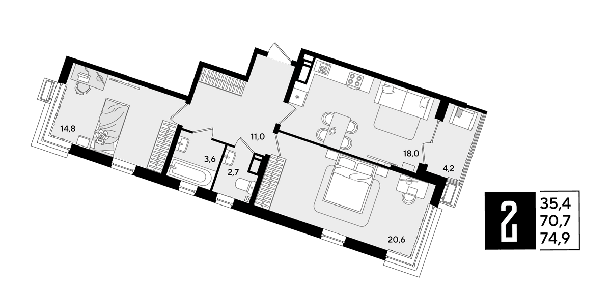 2-к, 74.9 м² · Парк Победы-2