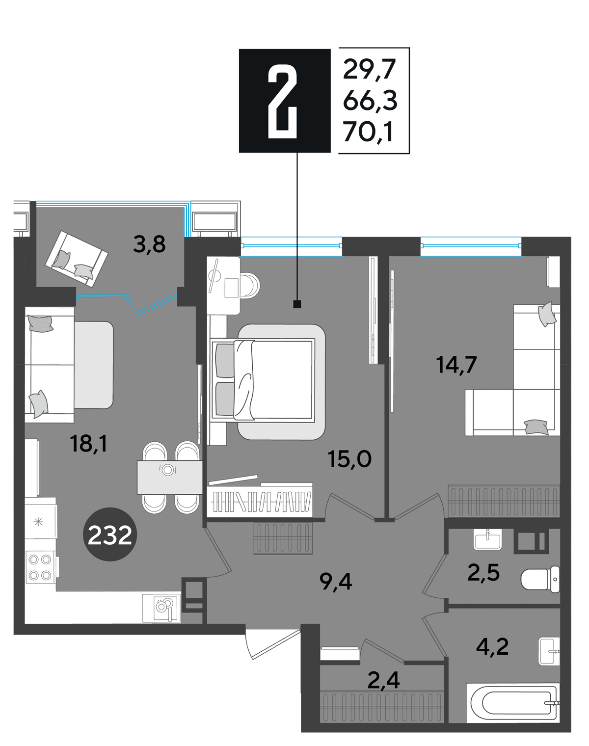 2-к, 70.1 м² · Парк Победы-2