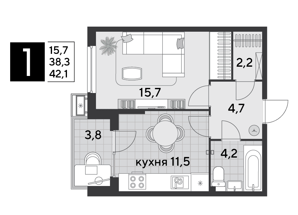 1-к, 42.1 м² · Парк Победы-2