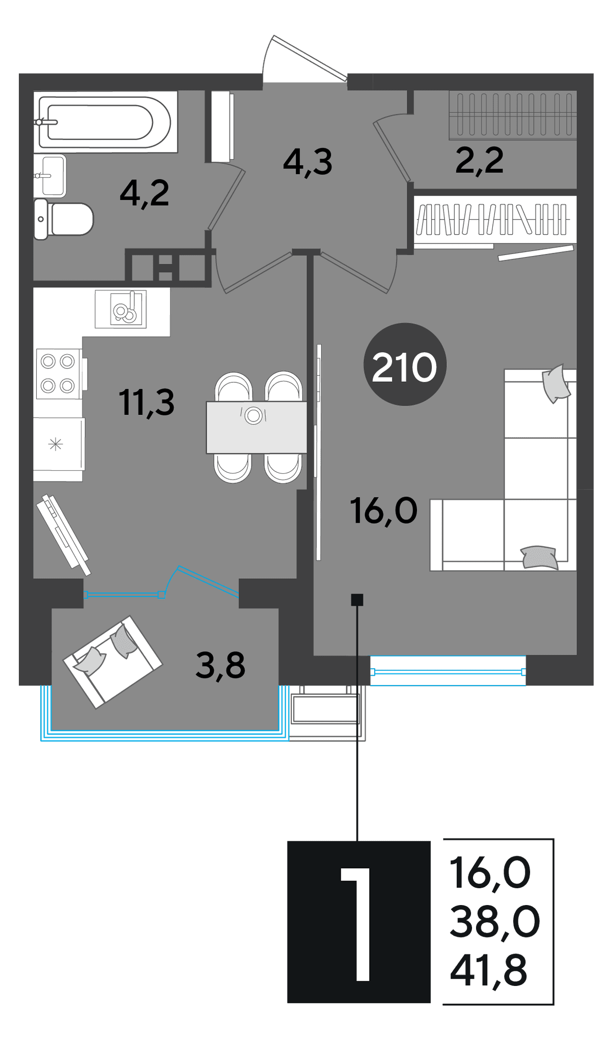 1-к, 41.8 м² · Парк Победы-2