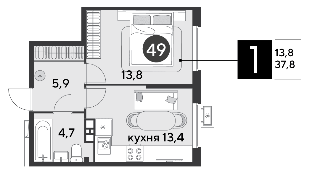 1-к, 37.8 м² · Парк Победы-2
