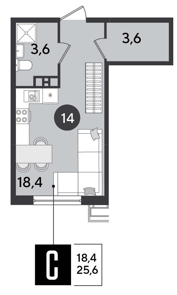 Студия, 25.6 м² · Парк Победы-2