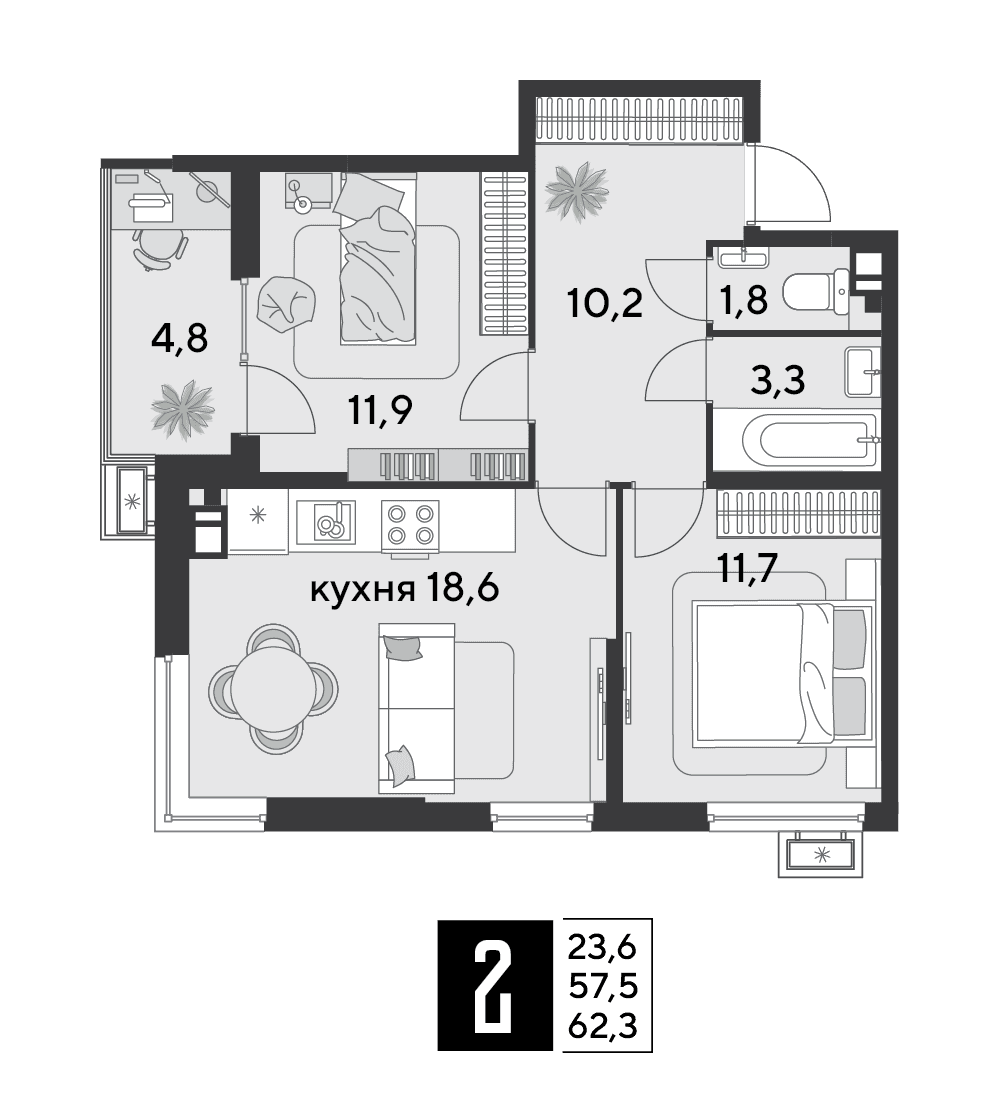 2-к, 62.3 м² · Парк Победы-2