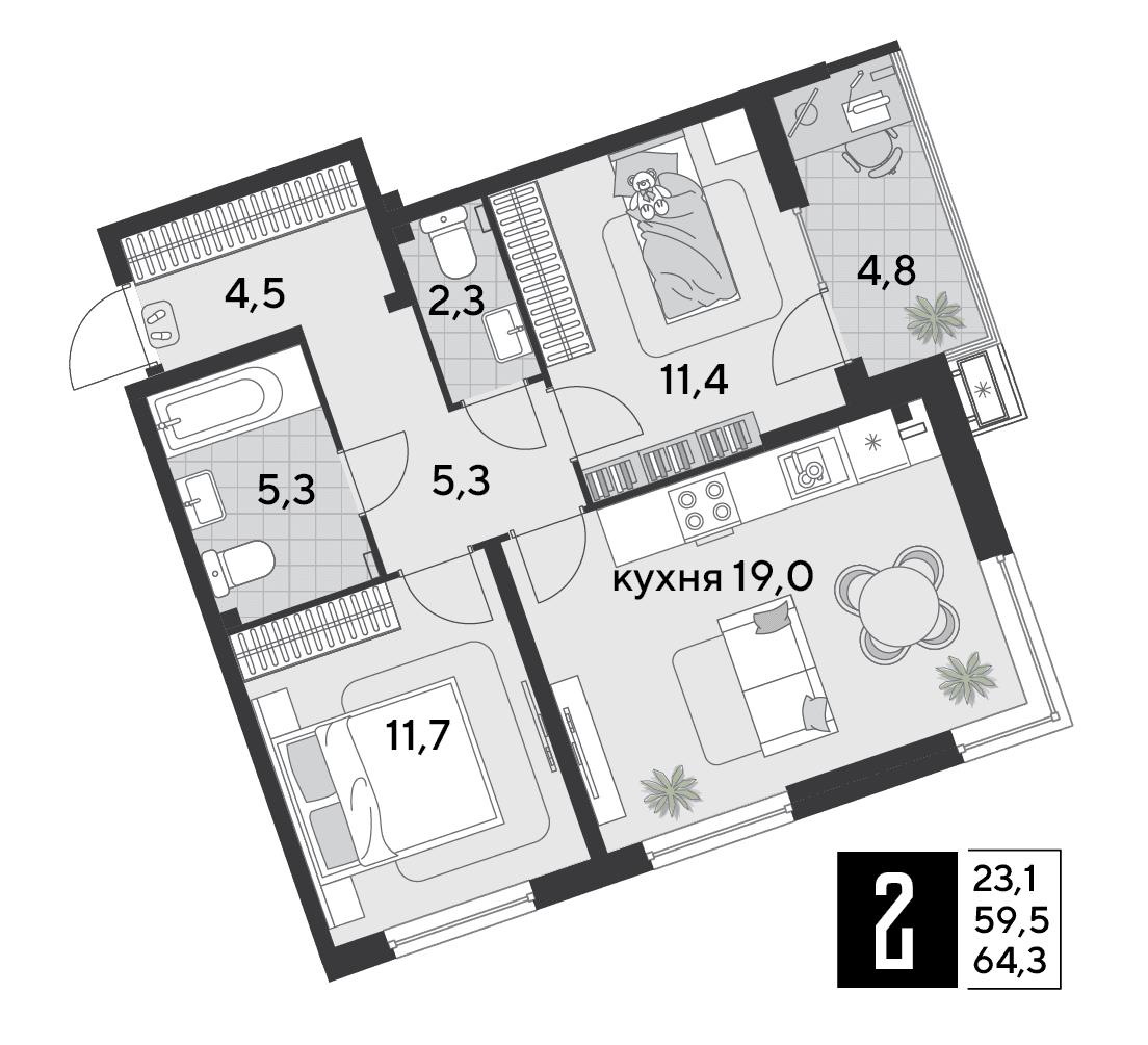 2-к, 64.3 м² · Парк Победы-2