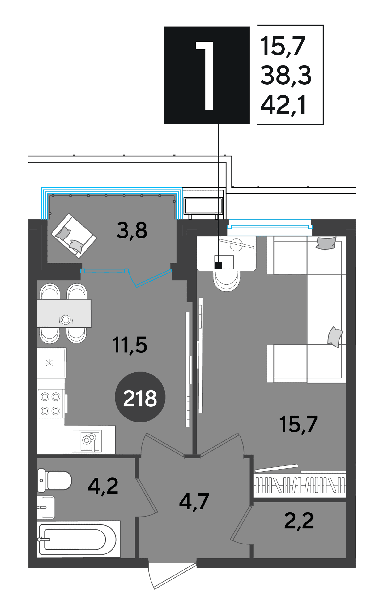 1-к, 42.1 м² · Парк Победы-2