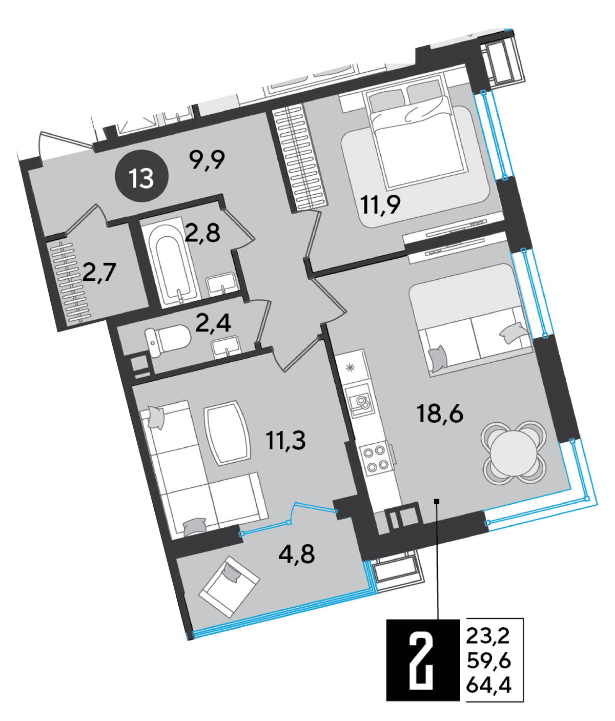 2-к, 64.4 м² · Парк Победы-2