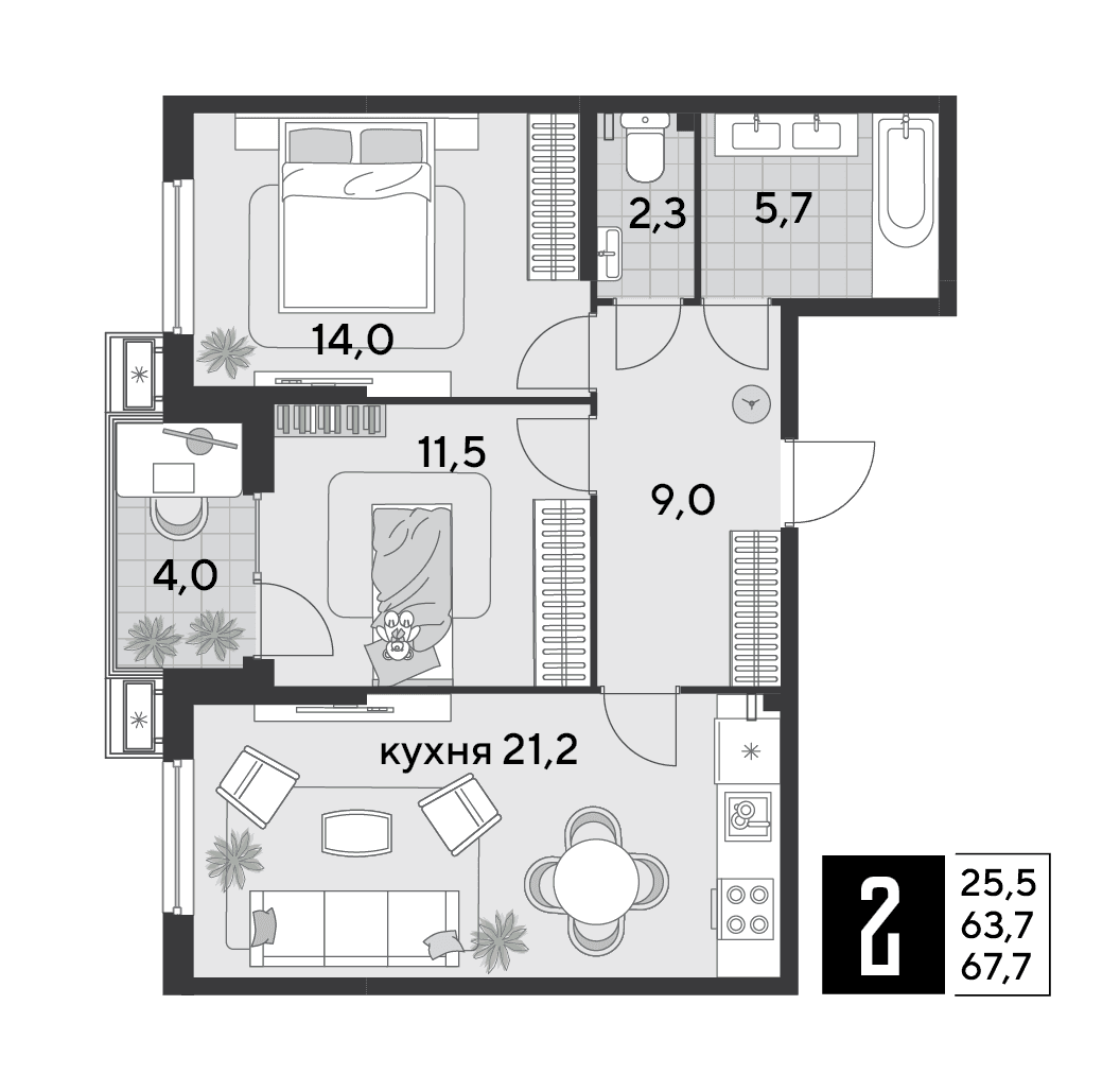 2-к, 67.7 м² · Парк Победы-2