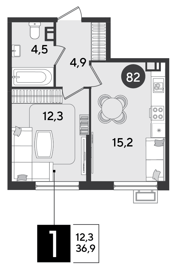 1-комн. квартира 36,9 м² в ЖК «Парк Победы-2», Краснодар