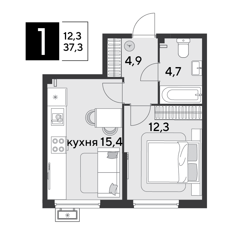 1-к, 37.3 м² · Парк Победы-2