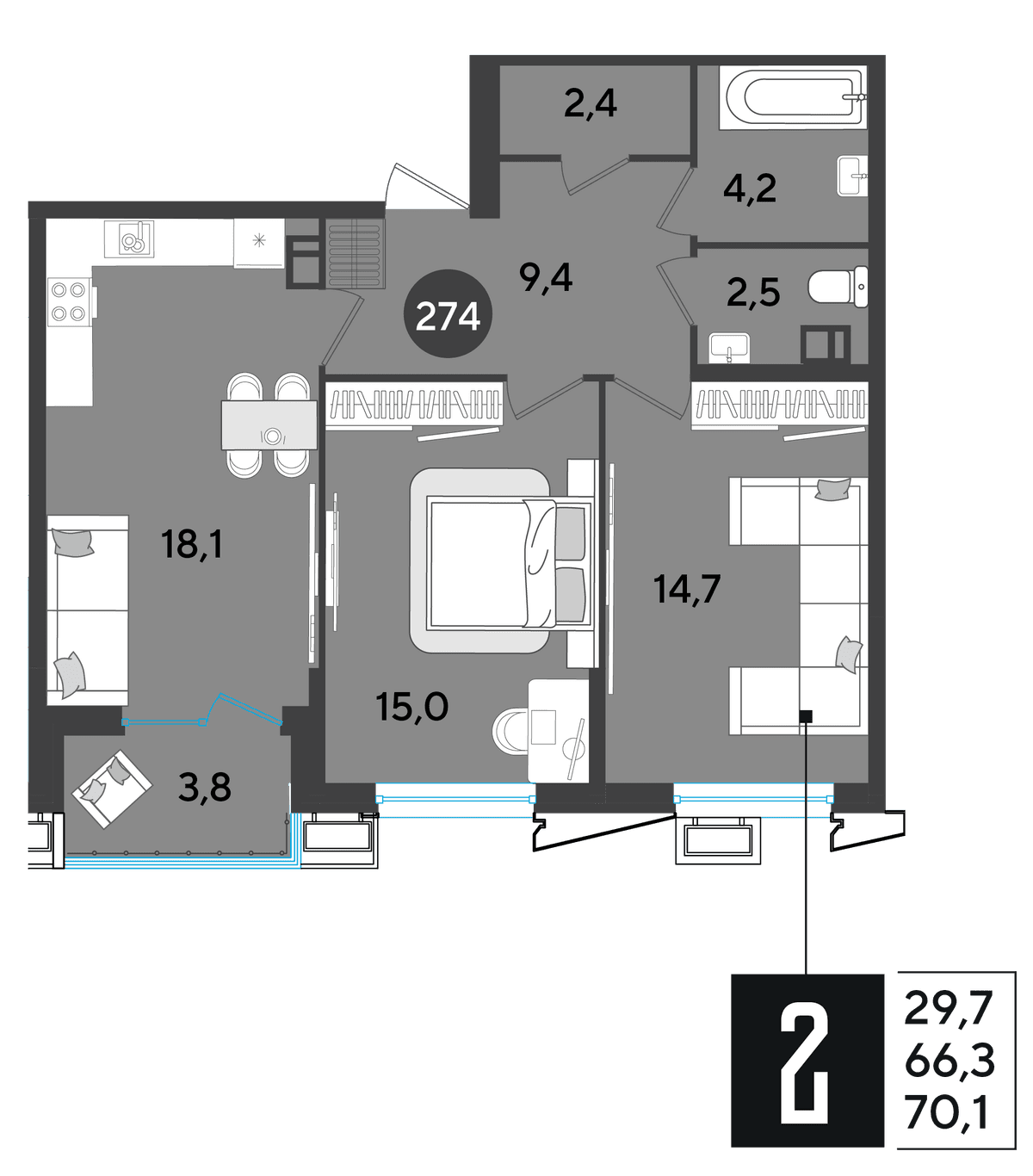 2-к, 70.3 м² · Парк Победы-2