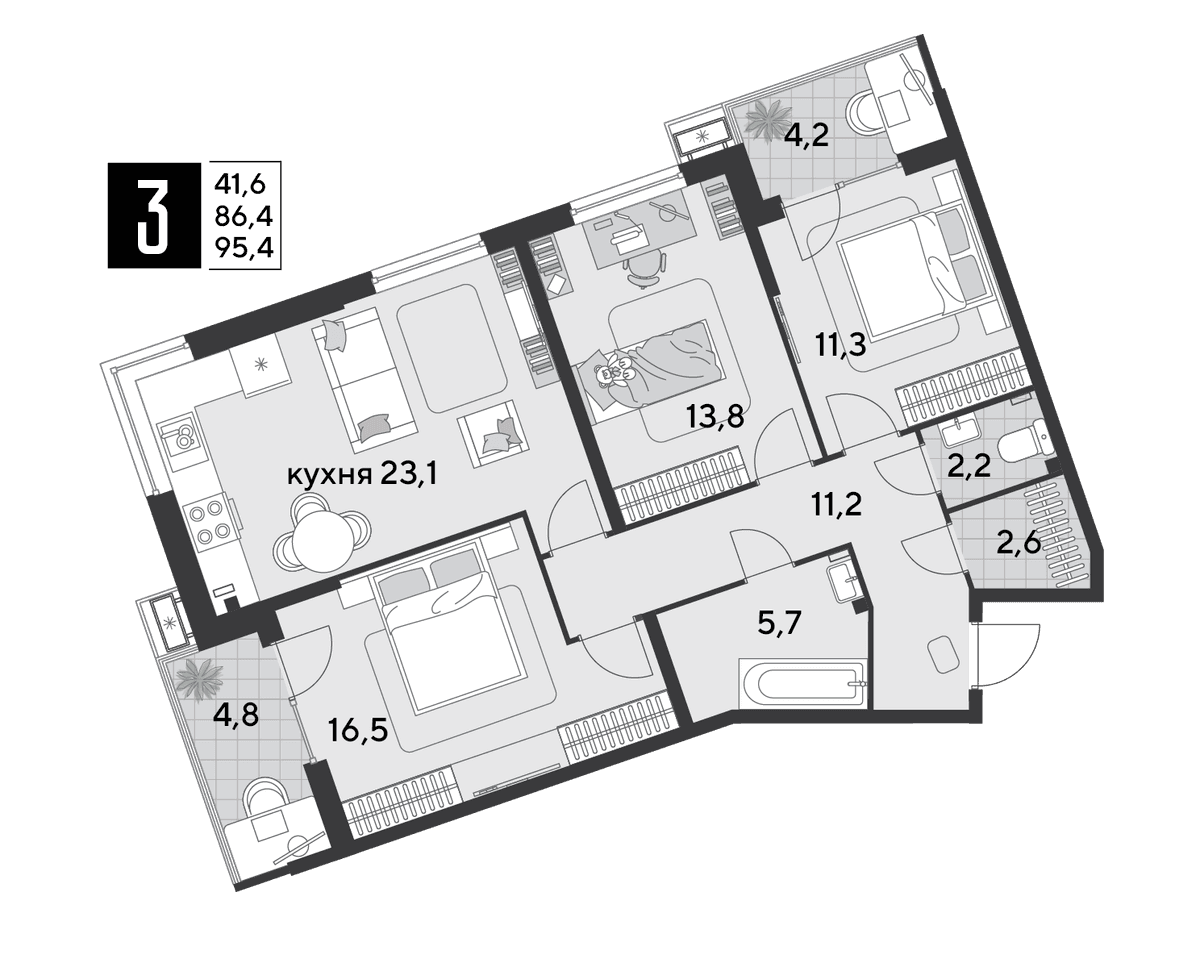 3-к, 95.4 м² · Парк Победы-2