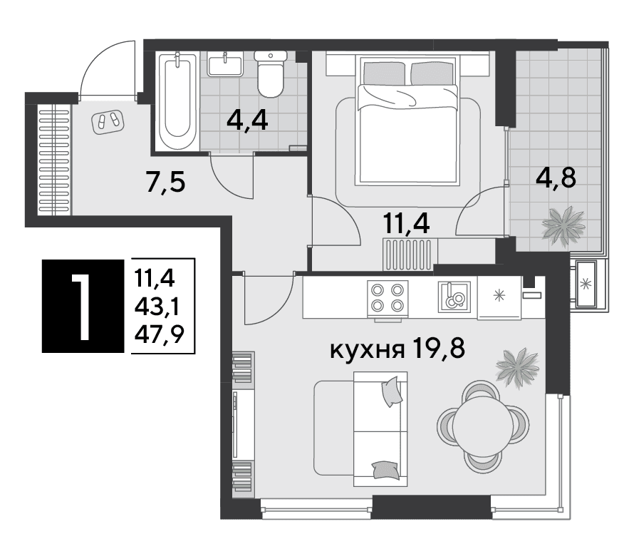 1-к, 47.1 м² · Парк Победы-2