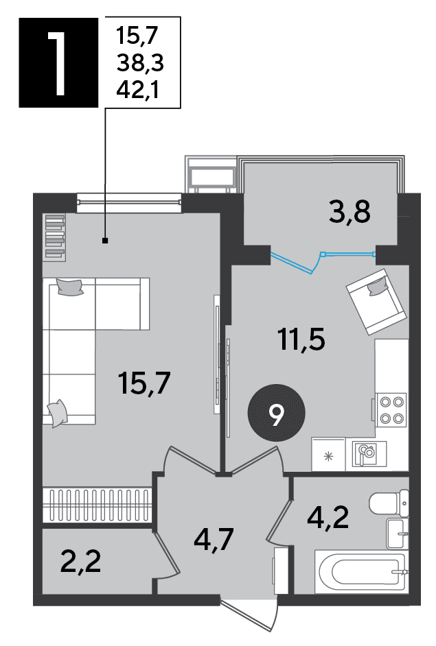 1-к, 42.1 м² · Парк Победы-2