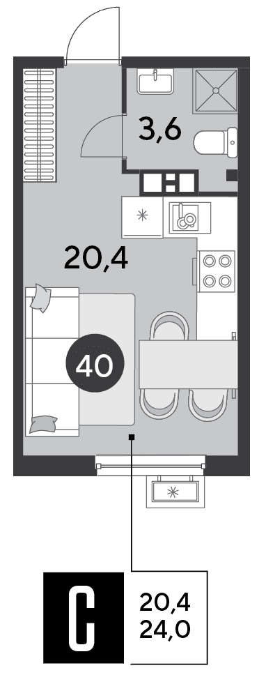 Студия, 24 м² · Парк Победы-2