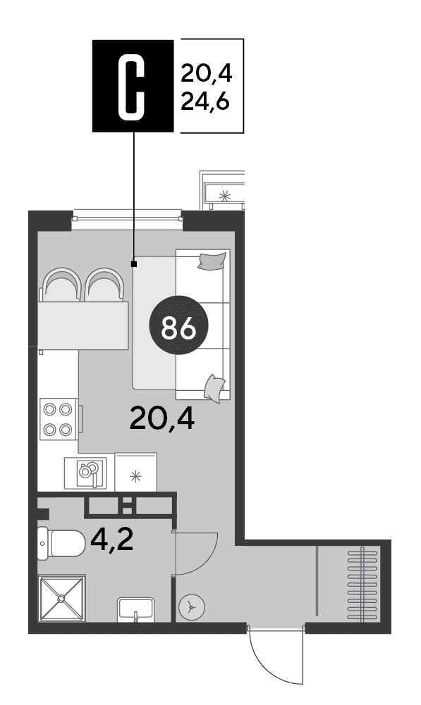 Студия, 24.6 м² · Парк Победы-2