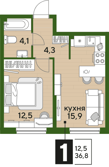 1-к, 36.8 м² · DОГМА ПАРК