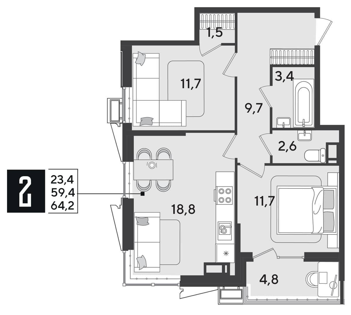 2-к, 64.7 м² · Парк Победы-2