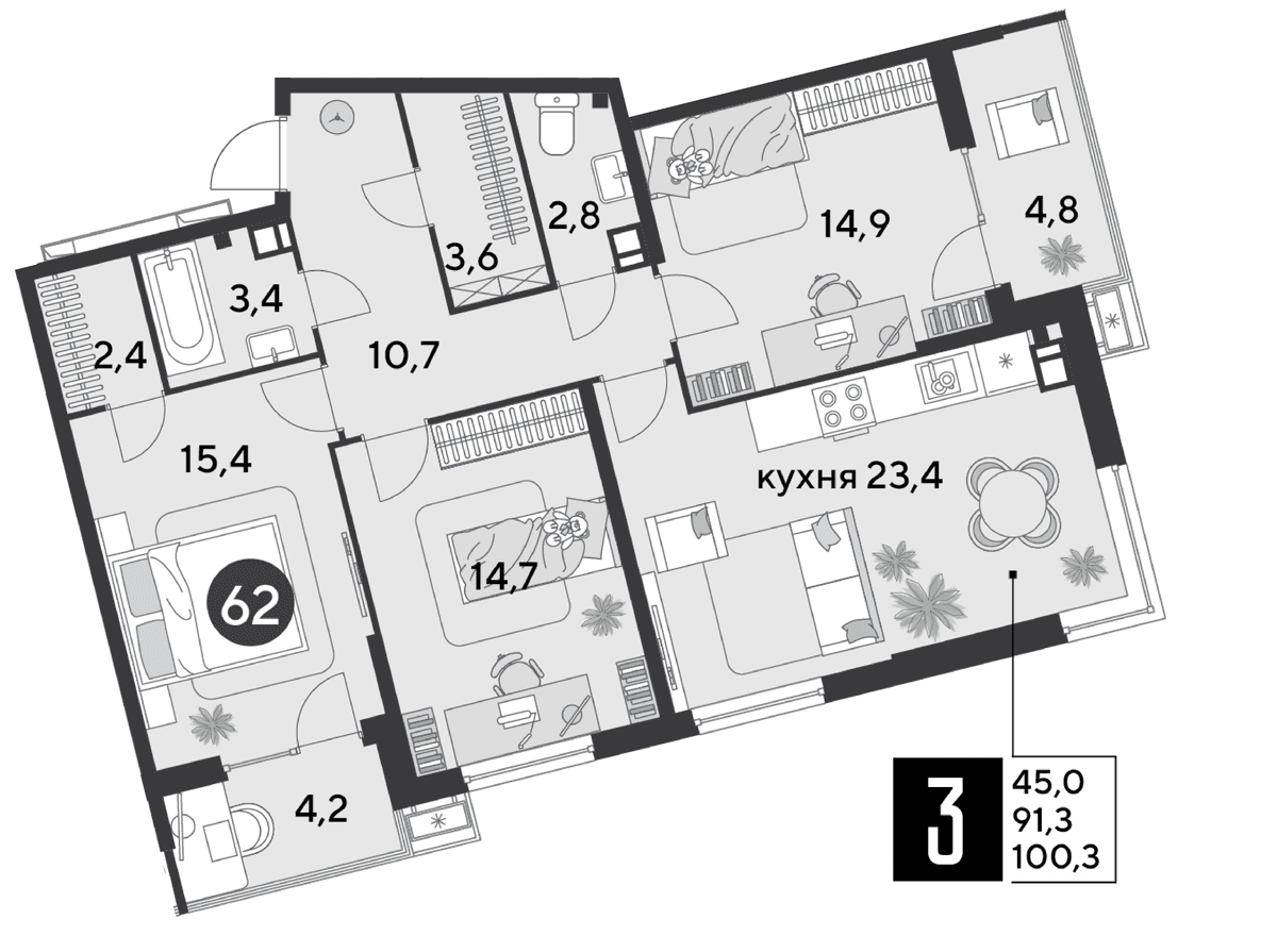 3-к, 100.3 м² · Парк Победы-2