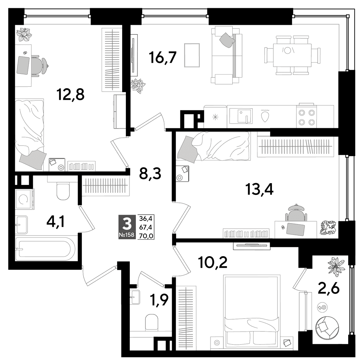 3-к, 70 м² · DОГМА ПАРК