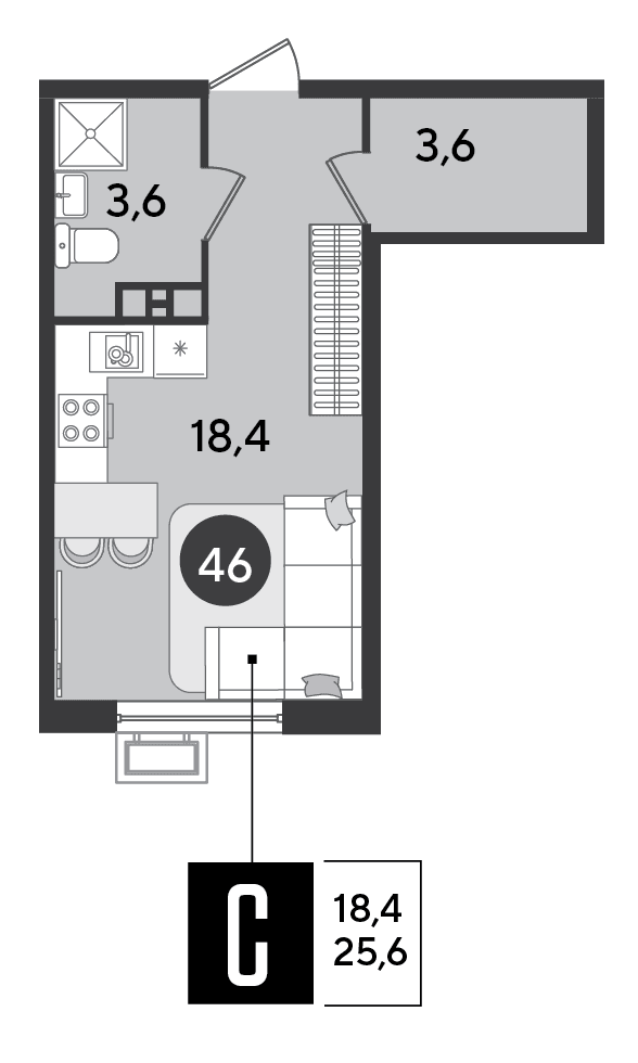 Студия, 25.6 м² · Парк Победы-2