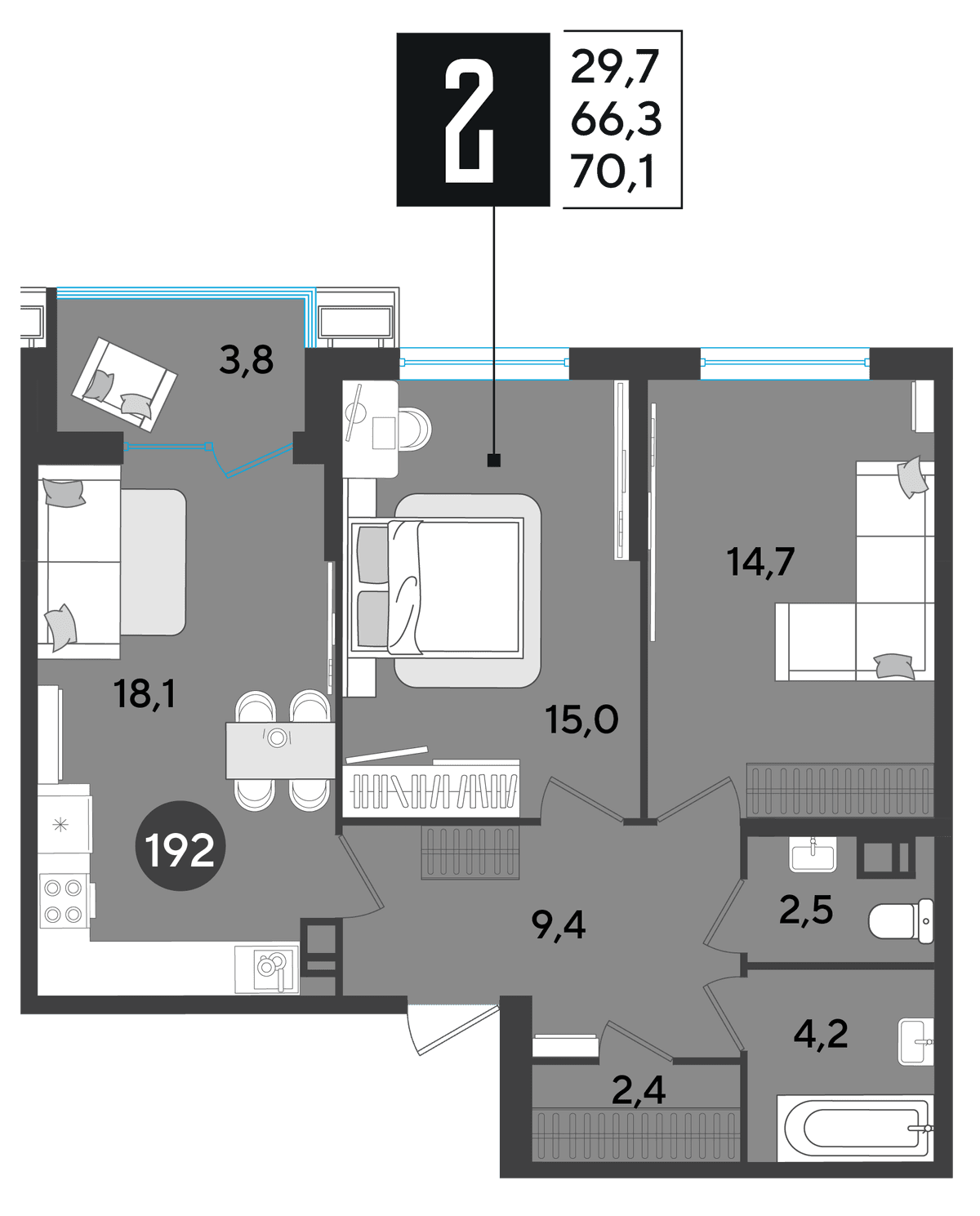 2-к, 70.1 м² · Парк Победы-2