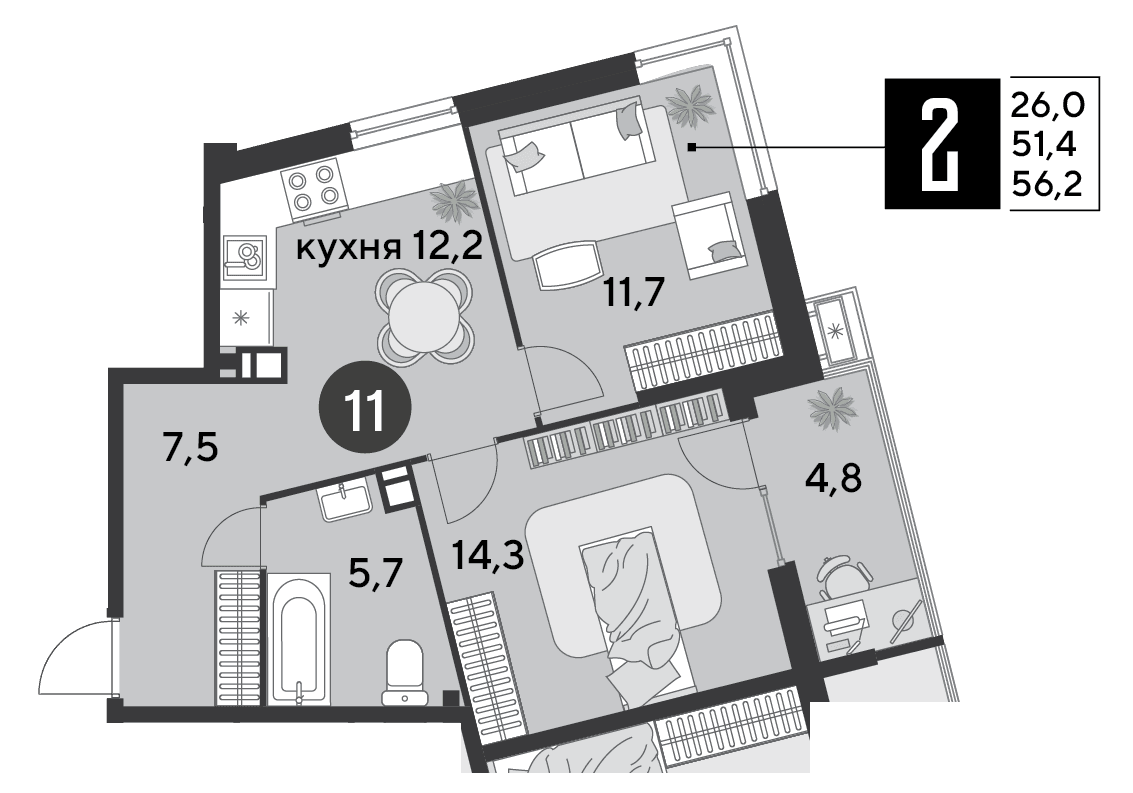 2-к, 56.2 м² · Парк Победы-2