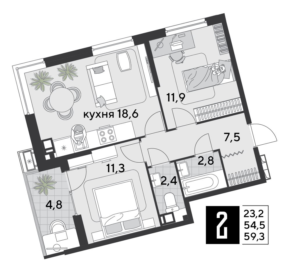 2-к, 57.8 м² · Парк Победы-2