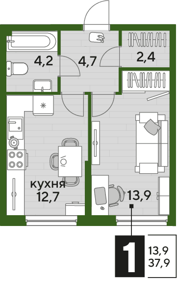 1-к, 37.9 м² · DОГМА ПАРК