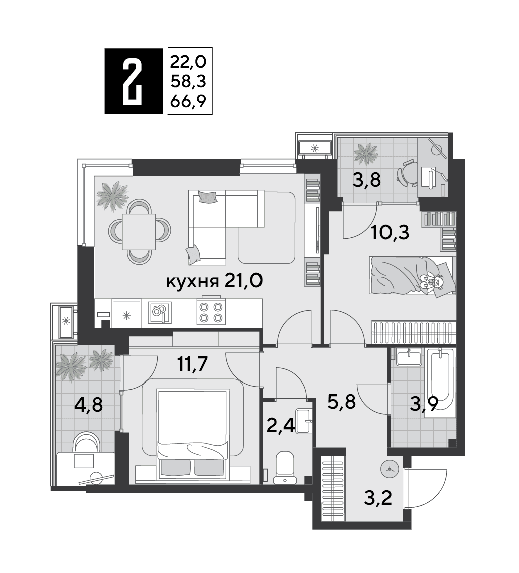2-к, 66.9 м² · Парк Победы-2