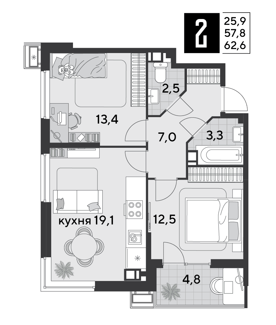 2-к, 62.6 м² · Парк Победы-2