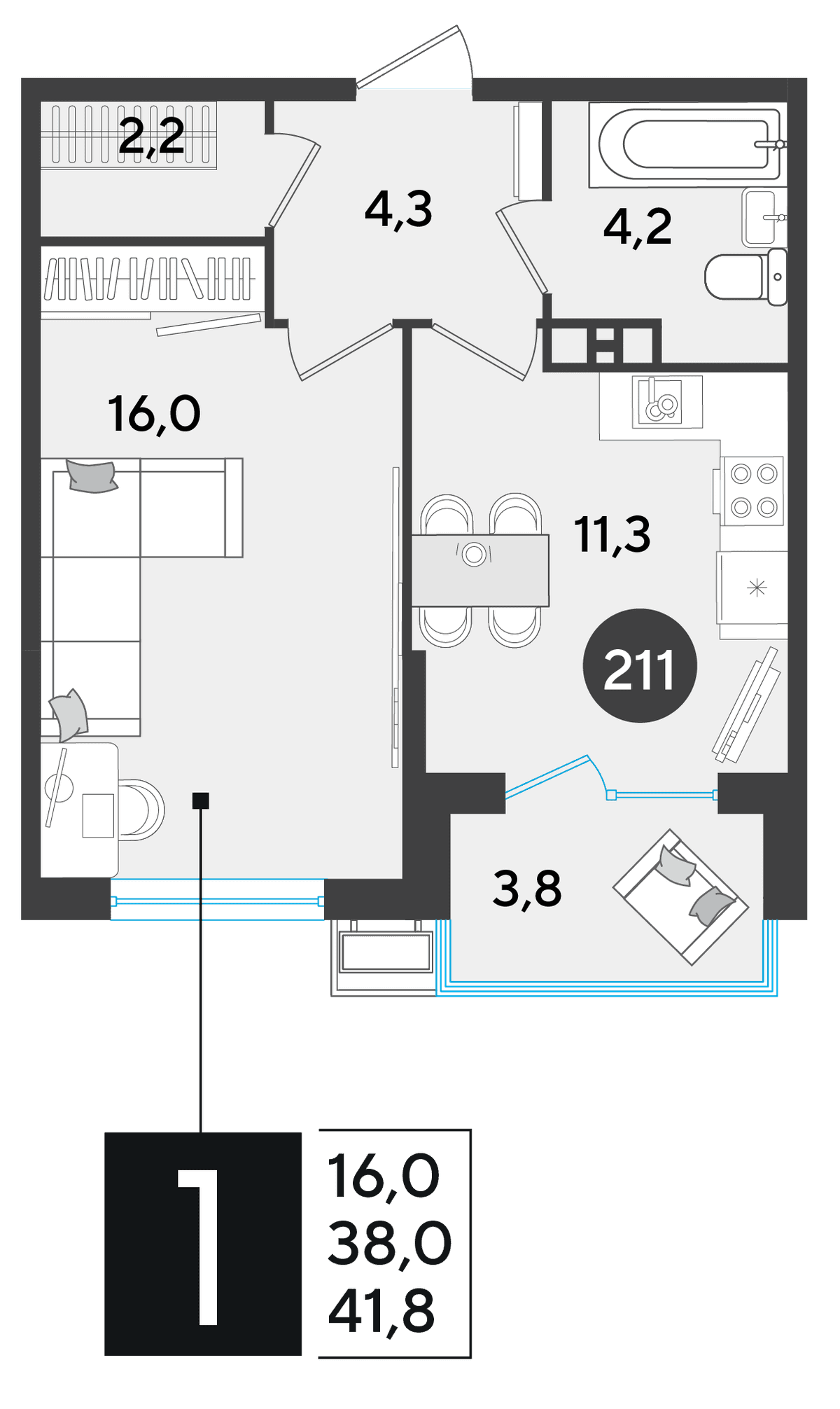 1-к, 41.8 м² · Парк Победы-2
