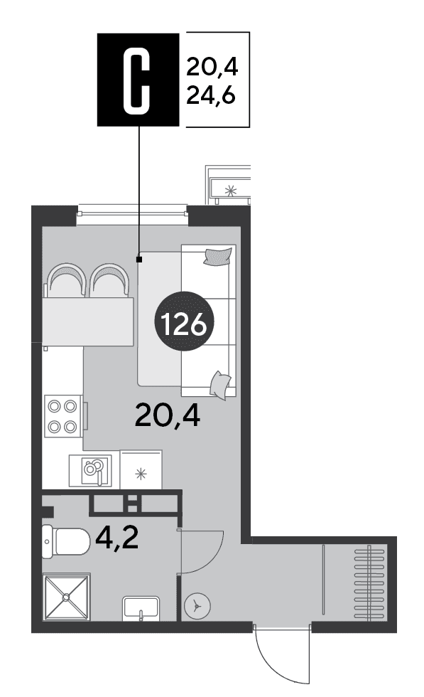 Студия, 24.6 м² · Парк Победы-2