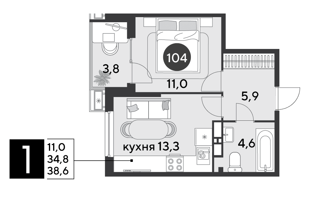 1-к, 38.6 м² · Парк Победы-2