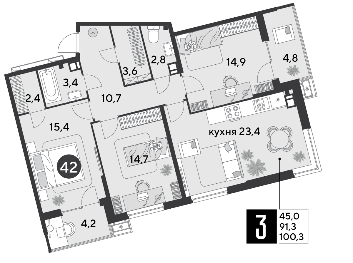 3-к, 100.3 м² · Парк Победы-2