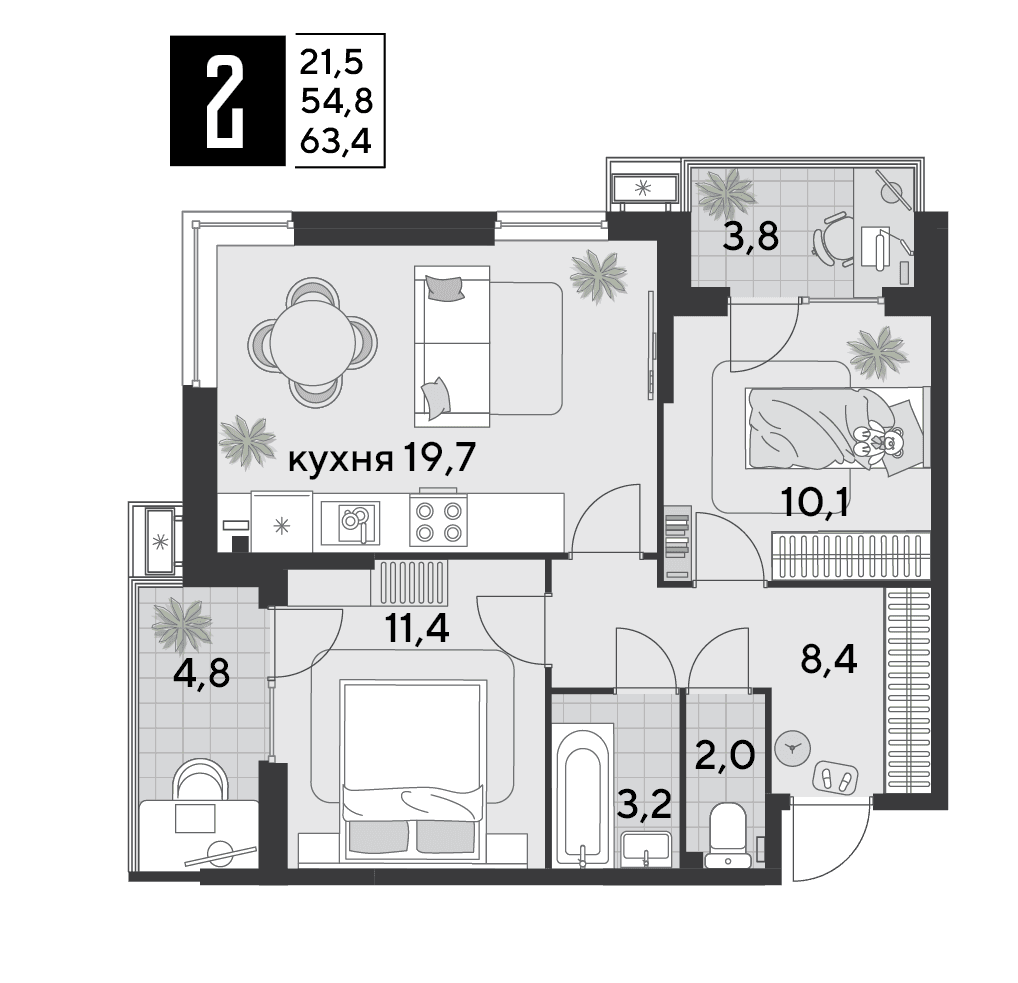 2-к, 63.4 м² · Парк Победы-2