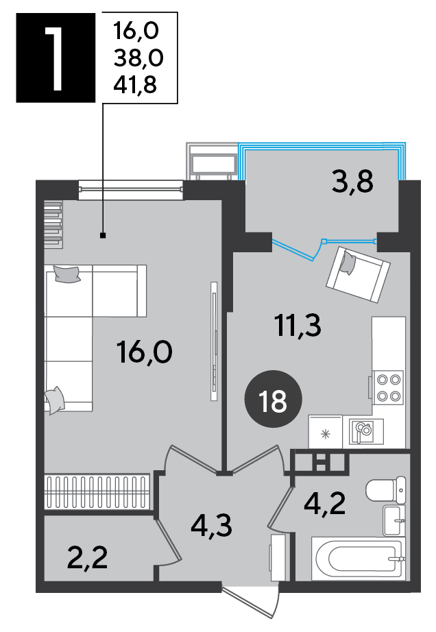1-к, 41.8 м² · Парк Победы-2