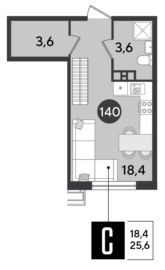 Студия, 25.6 м² · Парк Победы-2