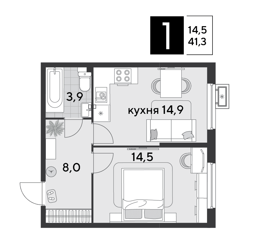 1-к, 40.7 м² · Парк Победы-2