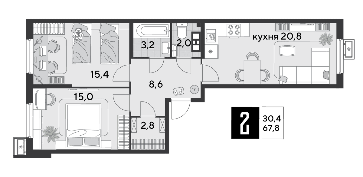 2-к, 67.8 м² · Парк Победы-2