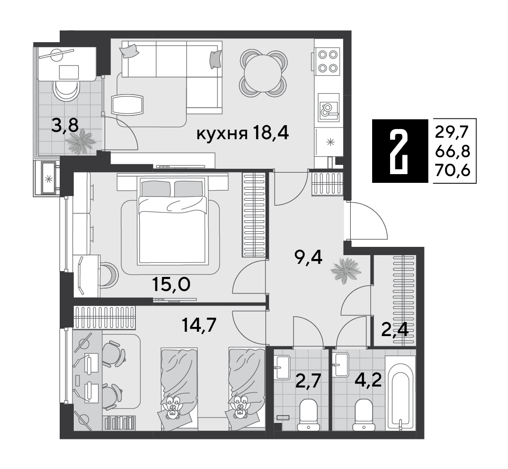 2-к, 70.7 м² · Парк Победы-2