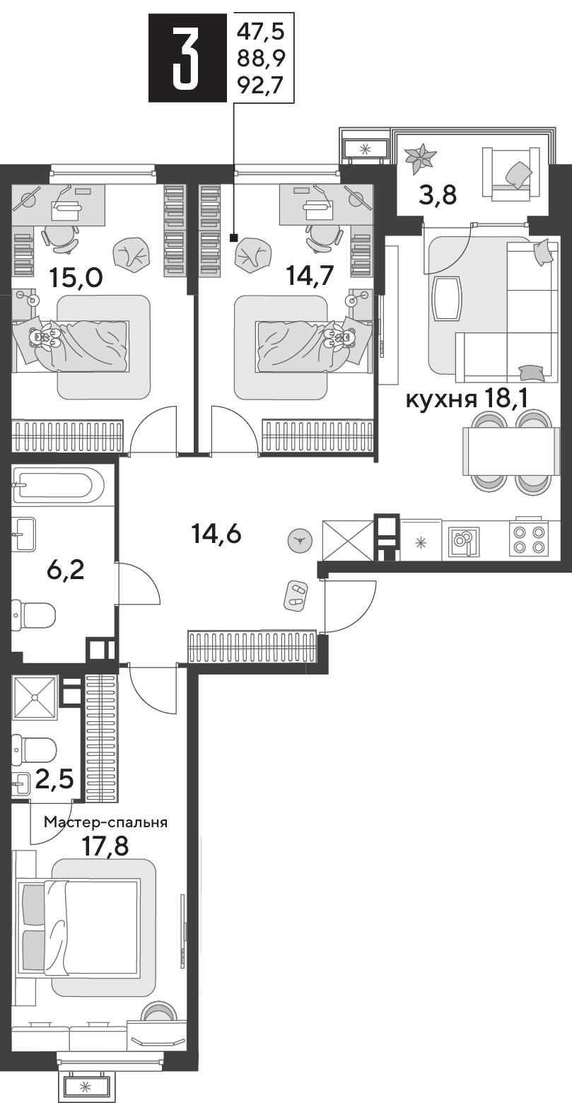3-к, 92.8 м² · Парк Победы-2