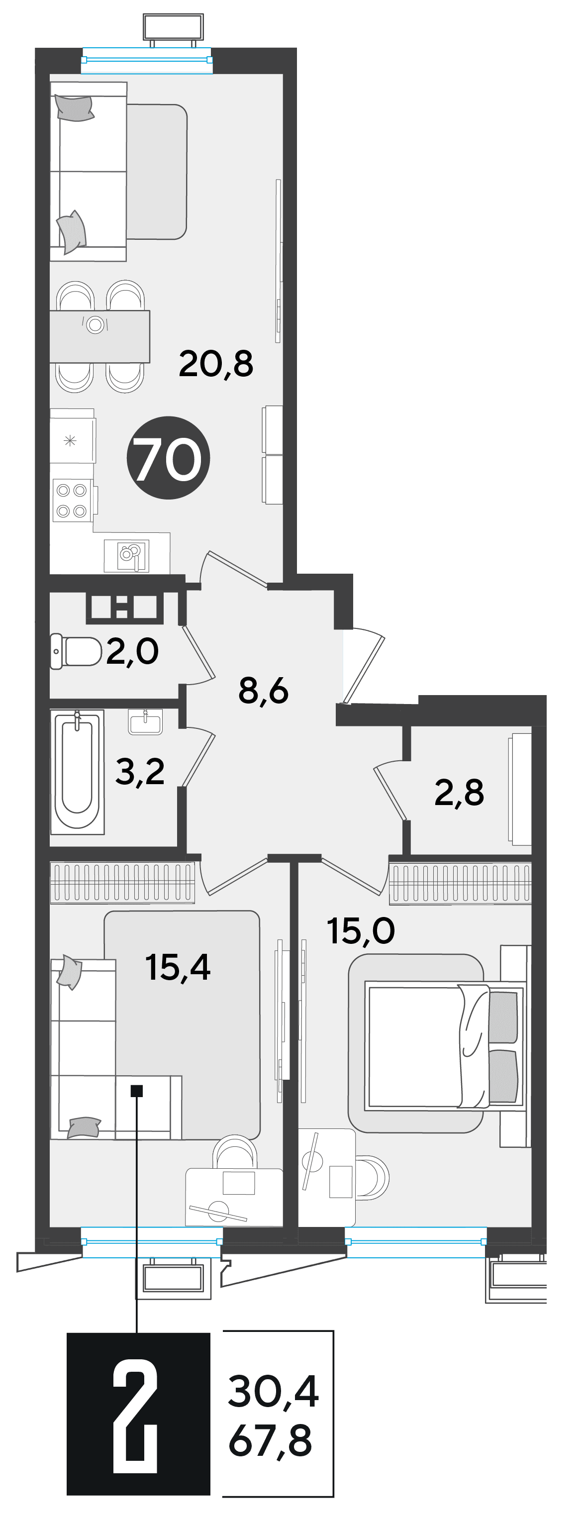 2-к, 67.1 м² · Парк Победы-2