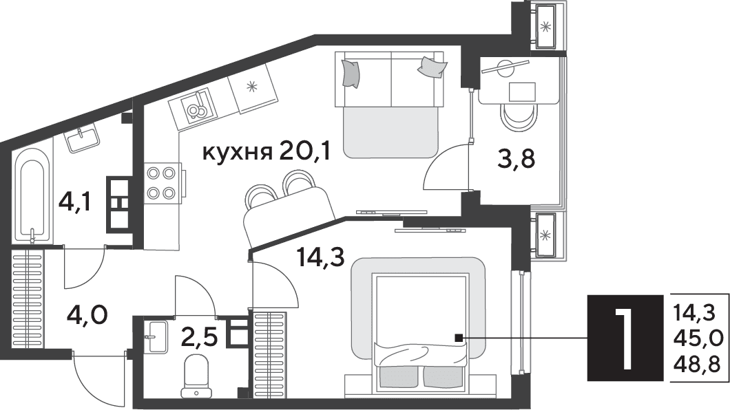 1-к, 48.8 м² · Парк Победы-2