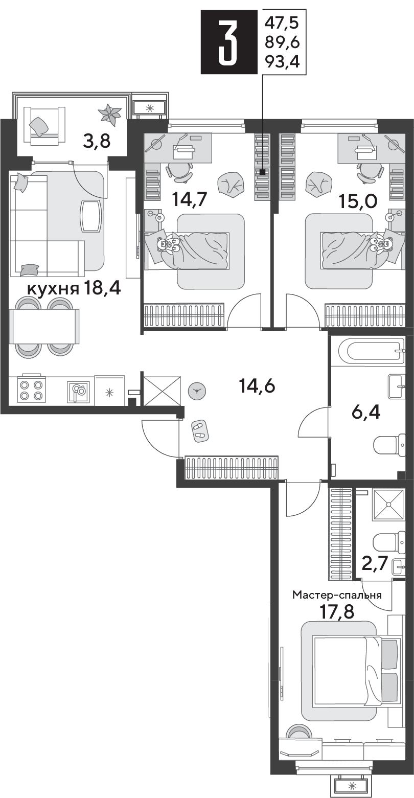3-к, 93 м² · Парк Победы-2