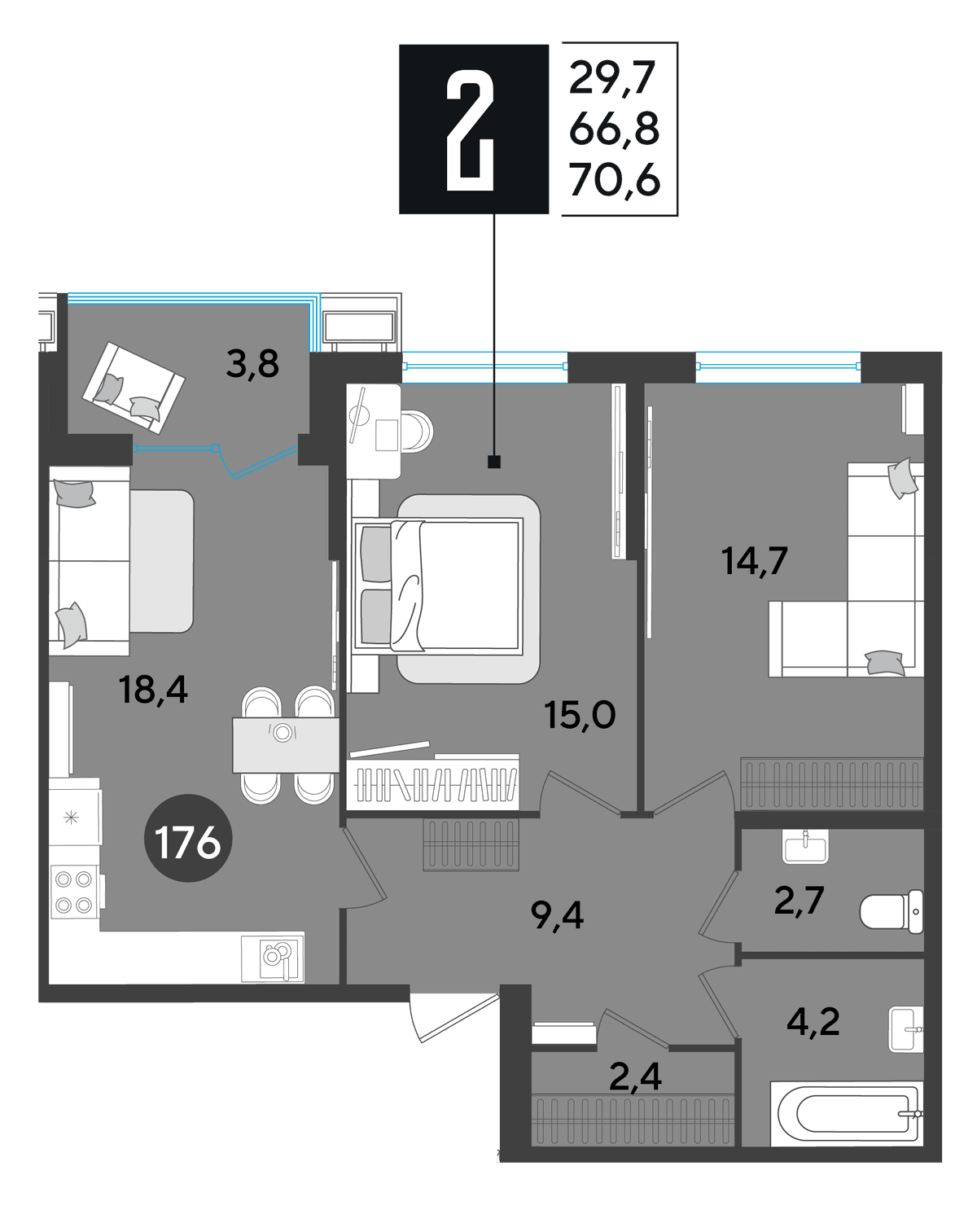 2-к, 70.6 м² · Парк Победы-2