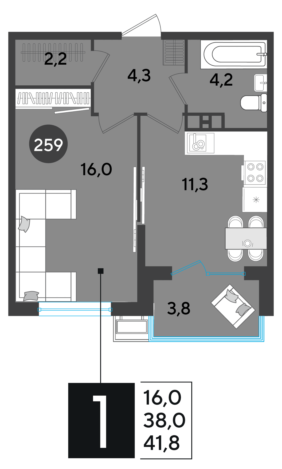 1-к, 41.8 м² · Парк Победы-2