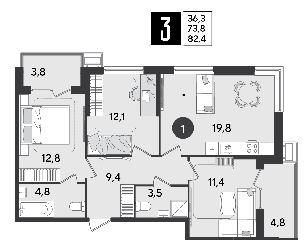 3-к, 82.4 м² · Парк Победы-2