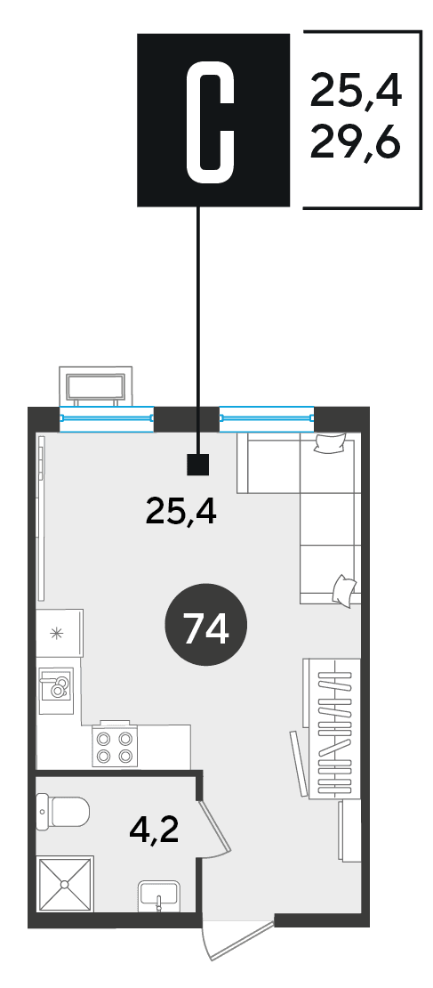 Студия, 29.6 м² · Парк Победы-2